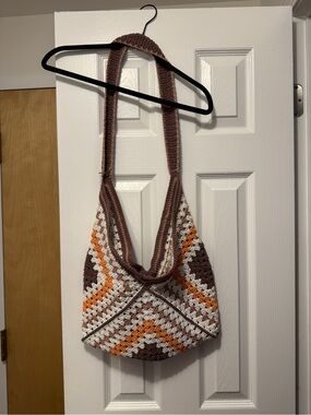 Handcrafted Crochet Shoulder Bag in Brown, Cream & Orange